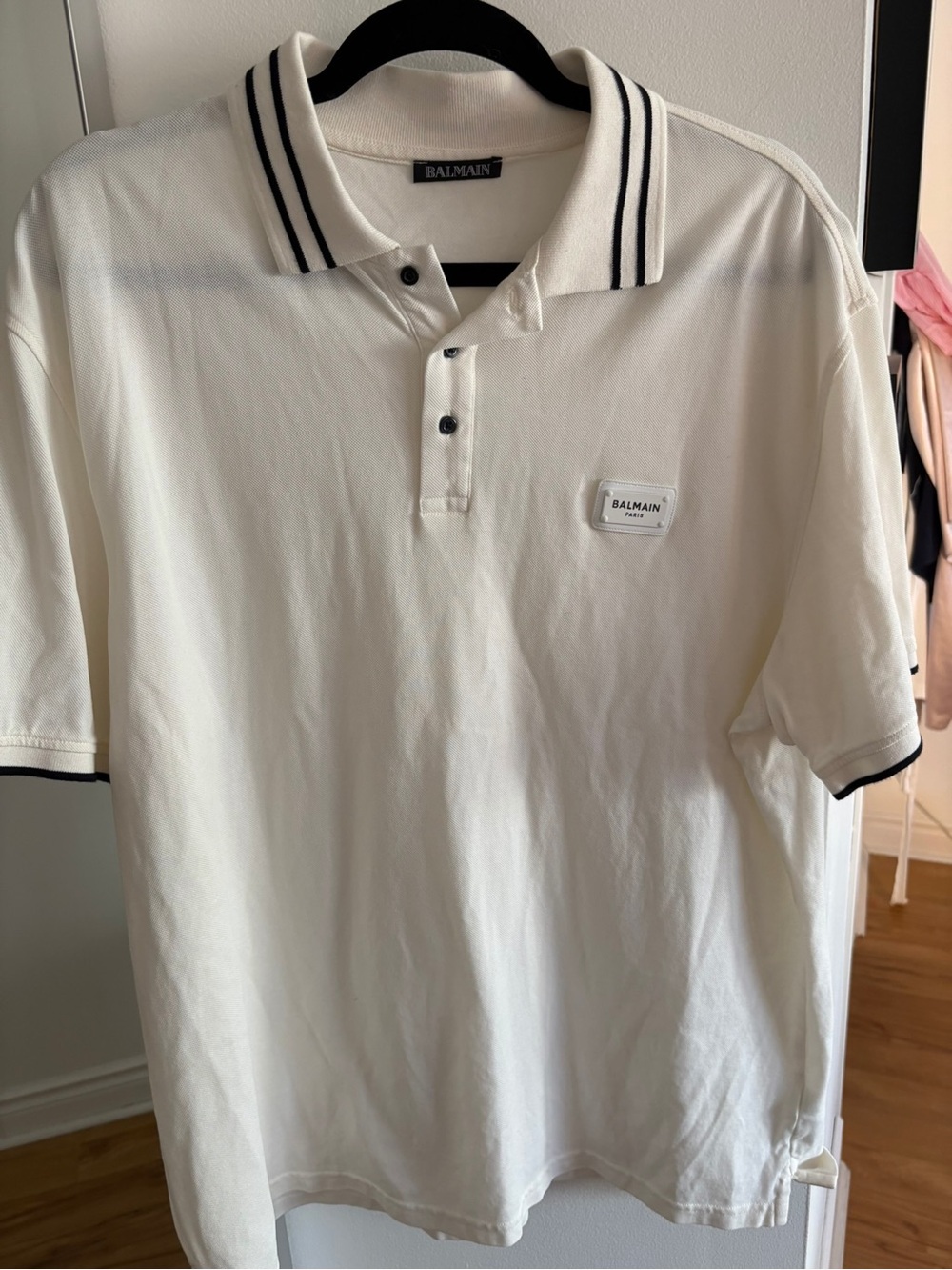 Balmain White Polo with Black Stripe Trim